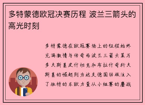 多特蒙德欧冠决赛历程 波兰三箭头的高光时刻