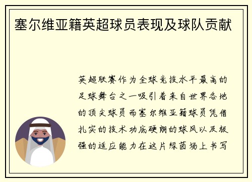 塞尔维亚籍英超球员表现及球队贡献
